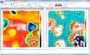 AFM height, amplitude and phase images of an impact co-polymer used for various consumer products ranging from car bumpers to yogurt cups, where lightness, strength and form are important properties. The material is a thermoplastic with inclusions of small elastomer domains.